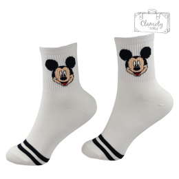 Skarpetki Damskie Długie Białe z Paskami Myszka Miki Mickey 36-40