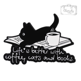 Metalowa Przypinka Kot Kotek Coffee Time Books And Cat Pin