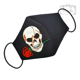 Maska Ochronna Bawełniana Czarna, Z Białą Czaszką Z Czerwoną Różą W Zębach