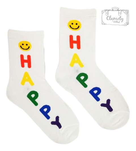 Skarpetki Skarpety Białe Napis Happy Kolorowy