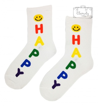 Skarpetki Skarpety Białe Napis Happy Kolorowy