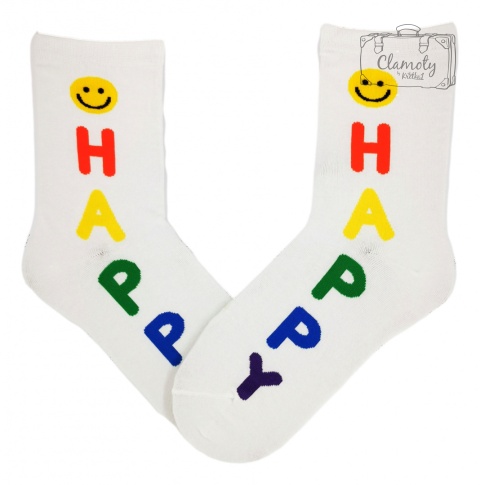 Skarpetki Skarpety Białe Napis Happy Kolorowy