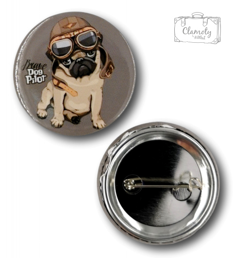 PRZYPINKA OKRĄGŁA MOPS DOG PILOT METAL PIN 2