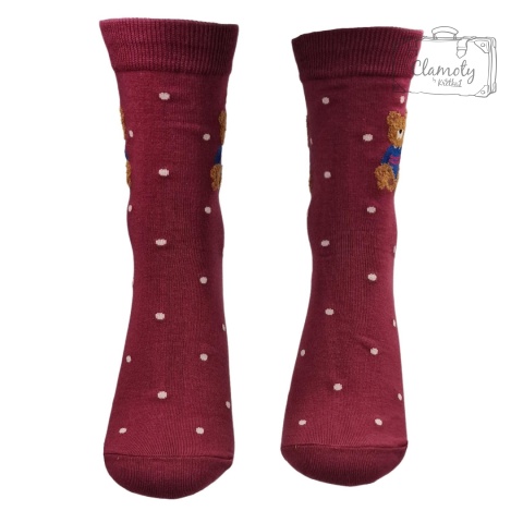 Skarpetki Damskie Bawełna Bordowe z Misiem 36-40 przodem