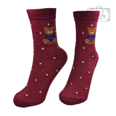 Skarpetki Damskie Bawełna Bordowe z Misiem 36-40