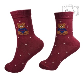 Skarpetki Damskie Bawełna Bordowe z Misiem 36-40