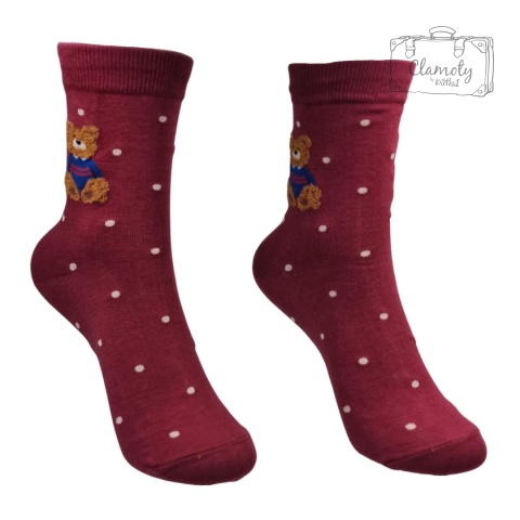 Skarpetki Damskie Bawełna Bordowe z Misiem 36-40