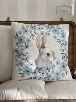 White Pillow Case Bunny Blue Wreath 45x45