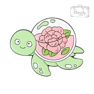 Metalowa Przypinka Żółw Żółwik Z Kwiatkiem Flower