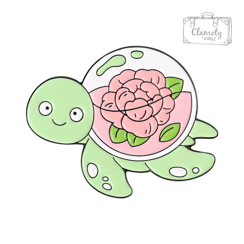 Metalowa Przypinka Żółw Żółwik Z Kwiatkiem Flower