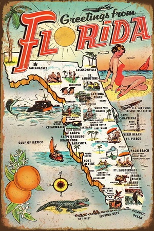 Tablica Ozdobna Blacha Florida Map USA Retro Vintage