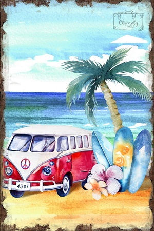 Tablica Ozdobna Blacha VW T1 Surf Palm Retro Vintage