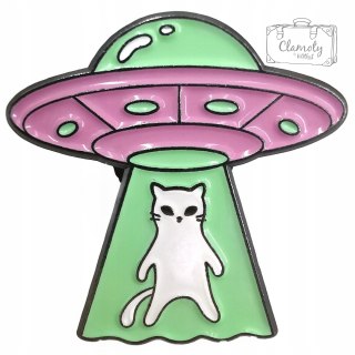 Przypinka Kot Ufo Róż Zieleń Buton Metal Pin 2