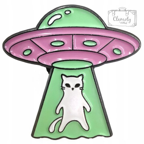 Przypinka Kot Ufo Róż Zieleń Buton Metal Pin 2