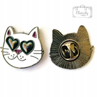 Przypinka Kotek Biały Głowa Oczy Serca Buton Metal Pin 1