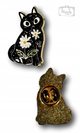 Przypinka Metalowa Czarny Kot Z Kwiatami Metal Pin