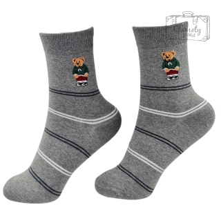 Skarpetki Damskie Długie Szare w Paseczki z Motywem Misia Bear 36-40