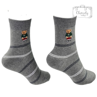 Skarpetki Damskie Długie Szare w Paseczki z Motywem Misia Bear 36-40
