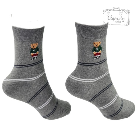 Skarpetki Damskie Długie Szare w Paseczki z Motywem Misia Bear 36-40