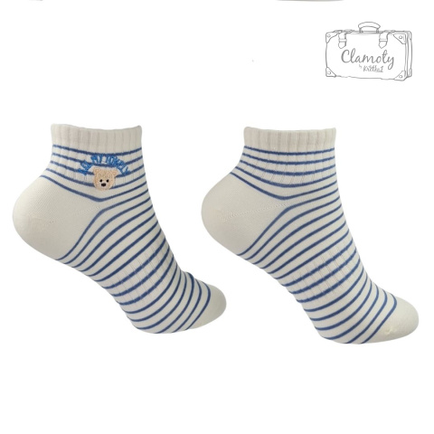 Skarpetki Damskie Stopki Paski Błękitne z Motywem Misia 36-40