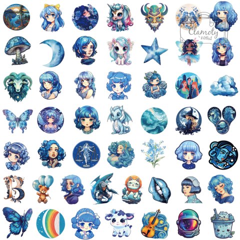 Zestaw Naklejek Wlepki StickerBomb Blue Anime Girl Niebieski Motyw N442