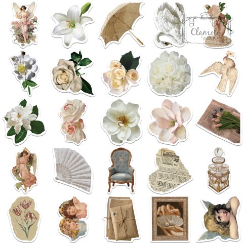 Zestaw Naklejek Wlepki StickerBomb Beż Mix Telegon Anioł Kwiat Gazeta N435