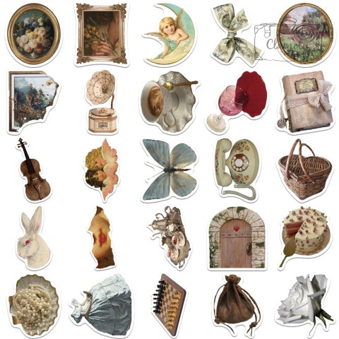 Zestaw Naklejek Wlepki StickerBomb Beż Mix Telegon Anioł Kwiat Gazeta N435