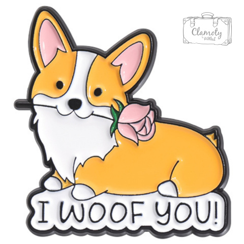 Metalowa Przypinka Piesek Welsh Corgi Z Różą I Woof You Pin