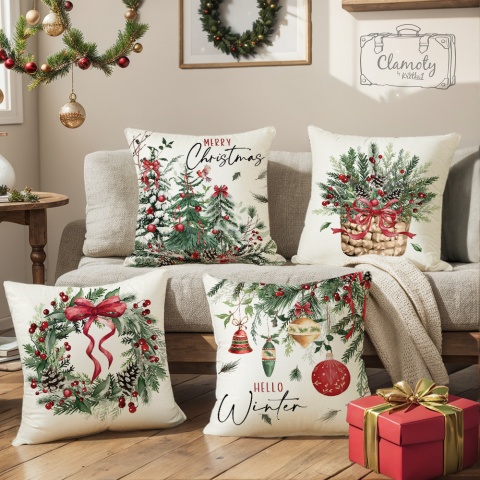 Poszewka Dekoracyjna Świąteczna Kokarda Merry Bright Zielona 45x45