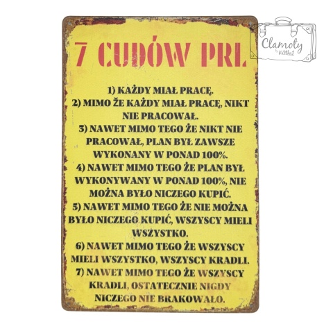 Tablica Ozdobna Blacha 7 Cudów PRL Zabawna Dekoracja 20x30 cm Retro Vintage