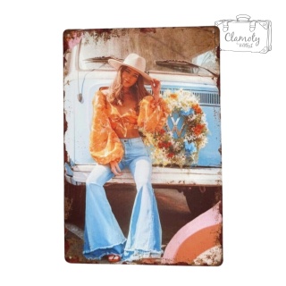 Tablica Ozdobna Blacha Hippie VW Kobieta Wianek 20x30 cm Retro Vintage