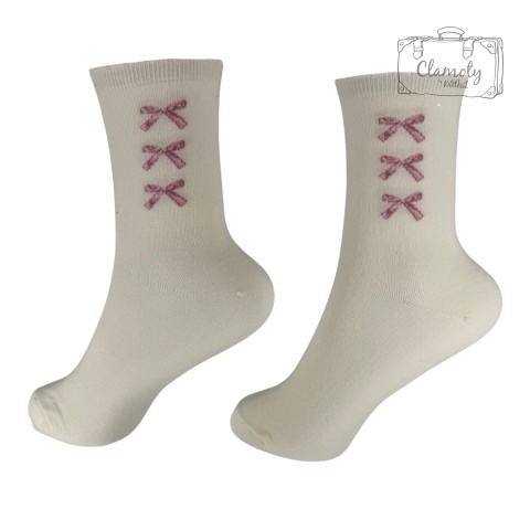 Skarpetki Skarpety Kremowe Bawełniane Damskie 3 Różowe Kokardki 36-40