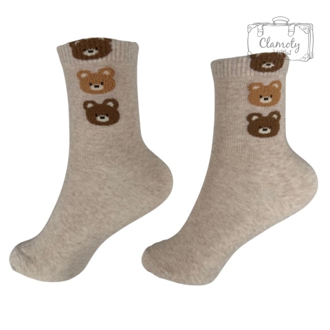 Skarpetki Skarpety Damskie Długie Bawełniane Beżowe 3 Głowy Misia 36-40