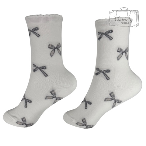 Skarpetki Skarpety Bawełniane Damskie Białe Długie W Szare Kokardki 36-40