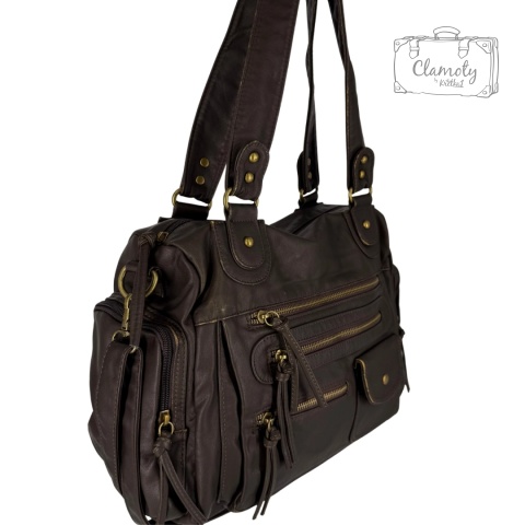 Torba Torebka Damska Brązowa Na Suwak Skóra Ekologiczna Dwa Ramiączka Retro