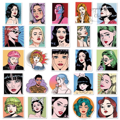 Zestaw Naklejek Wlepki StickerBomb Pop Art Kobieta Komiks Portret N660