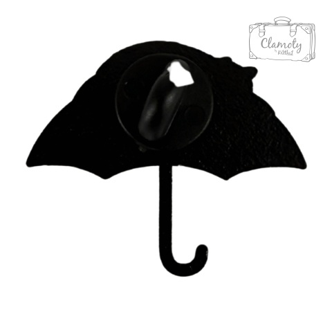 Metalowa Przypinka Czarny Kot Na Białej Parasolce Cat Kotek Pin