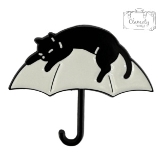 Metalowa Przypinka Czarny Kot Na Białej Parasolce Cat Kotek Pin