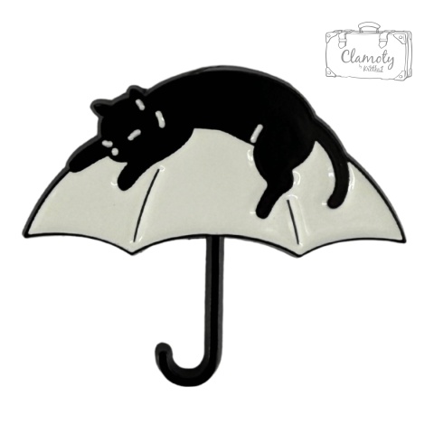 Metalowa Przypinka Czarny Kot Na Białej Parasolce Cat Kotek Pin