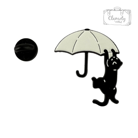 Metalowa Przypinka Kotek Wisi Na Białej Parasolce Kot Cat Pin
