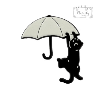 Metalowa Przypinka Kotek Wisi Na Białej Parasolce Kot Cat Pin