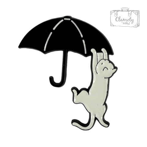 Metalowa Przypinka Biały Kotek Wisi Na Czarnej Parasolce Cat Pin