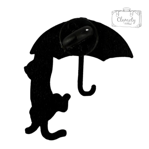 Metalowa Przypinka Biały Kotek Wisi Na Czarnej Parasolce Cat Pin