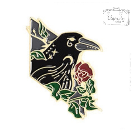 Metalowa Przypinka Czarny Kruk Ptak Z Różą Róża Mistyczny Magia Pin